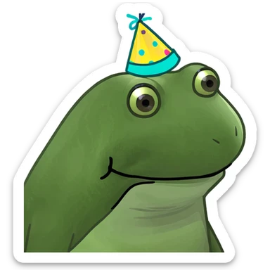 multiple green bufo frogs celebrating a birthday party on a beach, all are geologists and nerdy, with Magic the Gathering and escape room references, birthday frog has long hair in a man bun sticker