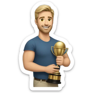 Caucasian Dad holding father of the year trophy sticker