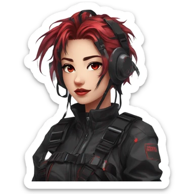 Gorgeous shiny techwear anime style lady with blushing face aesthetic and pretty edgy black red punk messy hair with collar and harness trending style sticker