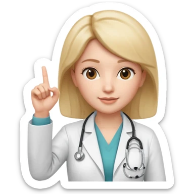 3D memoji style female doctor, white medical coat, stethoscope, raising index finger up like giving important advice, confident facial expression, slight smile, centered, transparent background, sticker