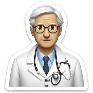 "An older man with thin, neatly combed gray hair, a sharp nose, and a cold, analytical look. He wears a pristine white coat, thin glasses, and carries a stethoscope or medical bag." sticker