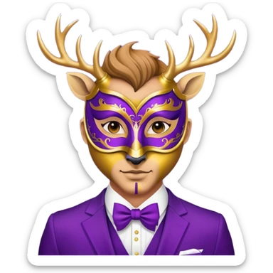 a man, with a purple suit,  wear half-face golden Deer masquerade mask sticker