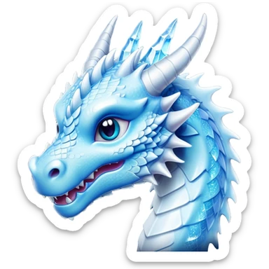 Cinematic Cute Beautiful Ice Dragon Portrait Emoji, Head tilted playfully and inquisitively, featuring a sleek, glacial form with intricately detailed, frost-kissed scales in shimmering blues and sparkling silver, accented by delicate ice crystal patterns and a gentle, enchanting glow; rendered with lifelike clarity and soft, natural light, high shine, charming and cool, styled with a touch of wintry fantasy, soft glowing outline, capturing the essence of a mischievous yet endearing ice guardian poised to twirl playfully into your dreams! sticker