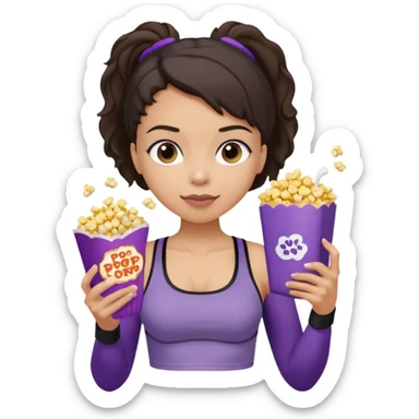 Brunette light skin girl with completely black sports bra and grey sweatpants on her phone while eating popcorn from a purple popcorn bag sticker