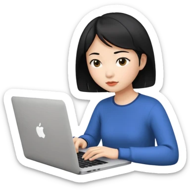 Asian girl with black short hair working on a Mac laptop sticker