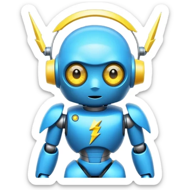 Small round cyber character with a glowing neon-blue C on its chest, big cute robot eyes, and a tiny yellow lightning bolt on its head sticker