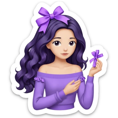 Girl with black wavy long hair and a ribbon hair clip beside it make it look like wearing a lavender off shoulder sweater make its hair stay in the back sticker