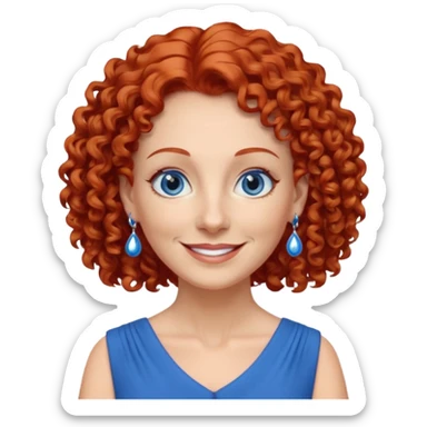 una profesora mayor simpática con el pelo rojo rizado, ojos azules, vestido azul y pendientes azules hablando sonriendo altura completa  sticker