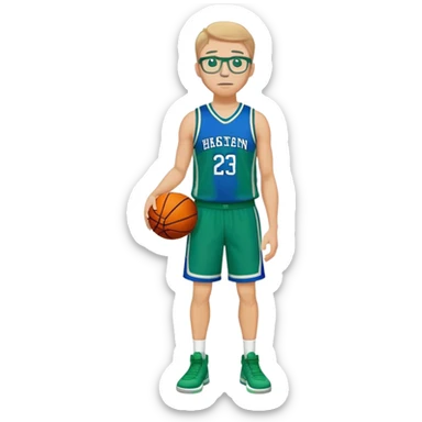 full body white male basketball wearing glasses in blue an green uniform sticker