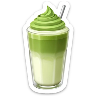 Matcha latte glossy 3D en vaso de vidrio minimalista, realista, estilo sticker, sin cara ni rasgos humanos, capas matcha y leche suaves, espuma ligera arriba, reflejos sutiles, fondo transparente. sticker