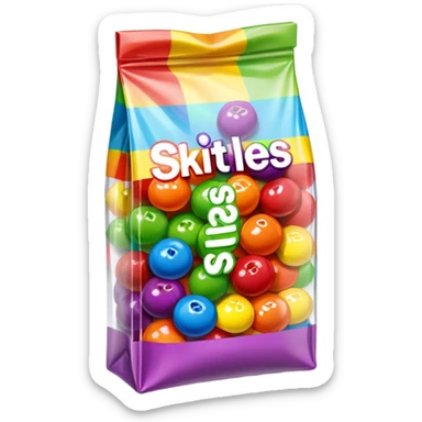 A Skittles candy package completely wrapped in clear packing tape, shiny reflective surface, rainbow colored bag under tape sticker
