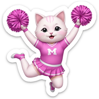 A cute chubby white kitten cheerleader in pastel uniform jumping in cheer pose. sticker
