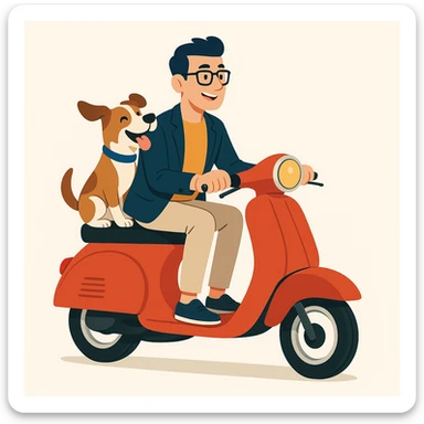 vector art of a man and his pet dog riding a vespa, for website design sticker