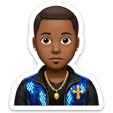 Woody from Dru Hill with dark brown hair, black sequin outfit, dark skin sticker