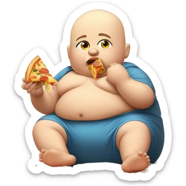 Fat bald baby eating a lot of McDonald’s and pizza sitting in a pile of unhealthy food sticker
