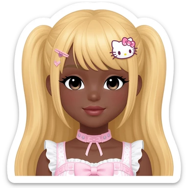 Gyaru makeup, himegyaru, my melody hairclip, cutecore, doll eyes, Doll, big chest, dark brown skin, with long blonde hair,  black cute eyes, cute lips with Gyaru outfit sticker
