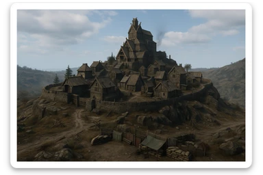 A small hilltop mesa city in the videogame dayz, screensot, based on whiterun sticker