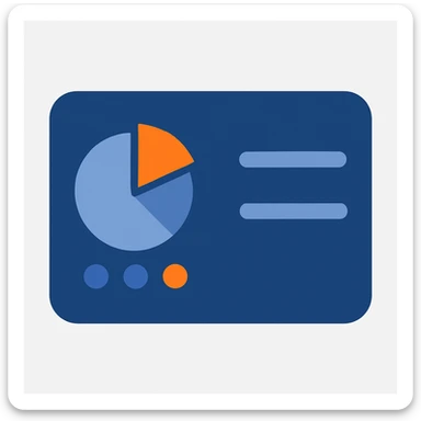 Re-create a control panel icon with a blue rounded rectangle base. Include a pie chart with mostly blue slices and a small orange slice. Add three small accent dots, mostly blue with one orange. On the right side, place two blue horizontal lines. Use minimal non-blue colors, flat modern look, transparent background. sticker