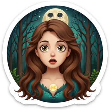shocked forest mystic woman long wavy brown hair tattoos wide eyes moon glow sticker