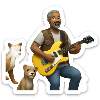 50 year old tan man with a goatee playing electric guitar in a forest with animals watching sticker