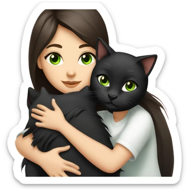 Girl with dark brown hair and fair skin hugging a black medium haired cat with green eyes sticker