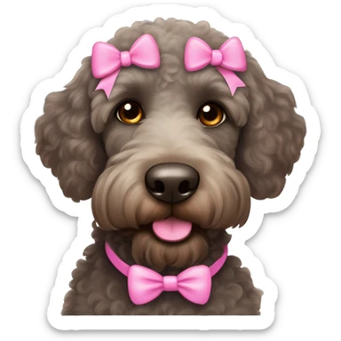Black labradoodle female dog brown eyes with pink bows on her ears and pink collar with name tag on it bonnie sticker