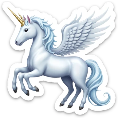 All white Cinematic Noble Unicorn with wings, slender with a flowing mane and tail and spiraled horn sticker