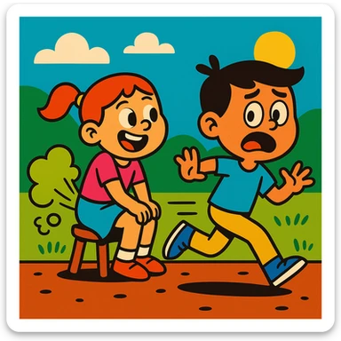humorous cartoon: girl farting, boy running away, lively and colorful, vibrant toon style sticker