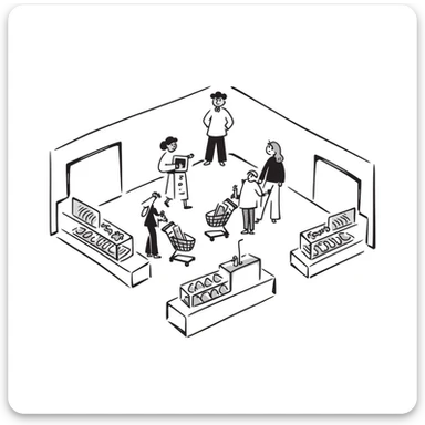 Isometric view of a supermarket interior with grocery aisles, shoppers, and cash registers sticker
