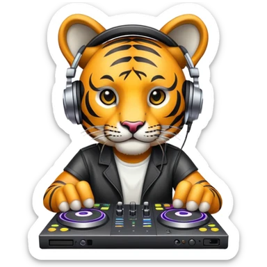 DJ tiger face with headphones and mixing deck for Twitch emote sticker