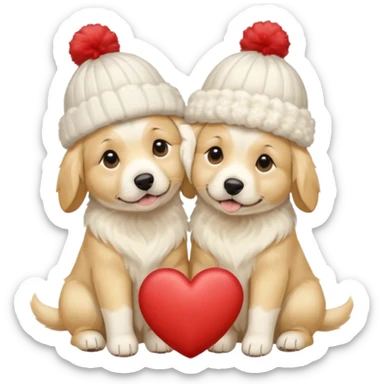 2 English cream golden retrievers cuddling with winter hats and heart in between them. Make them pale dogs . Less cartoon and no hands holding heart just a heart in between  sticker