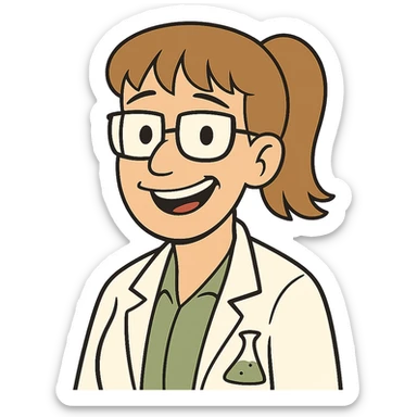 middle-aged science teacher, light brown hair in ponytail with bangs, brown eyes, smiling sticker