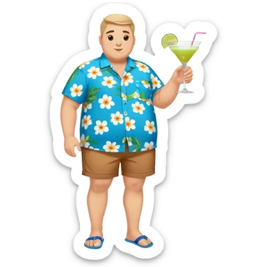 chubby guy full figure in a flowered azure havai shirt, brown shorts and flippers holding a cocktail sticker