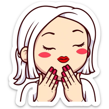 A cute face with closed eyes that form upward curved lines, eyelashes, pursed lips with lipstick, and a hand gesture with only the thumb out while other fingers are closed, all nails painted sticker