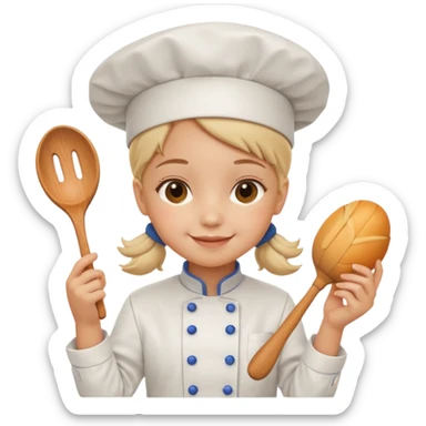 girl kid italian chef, uniform, holding toy sticker