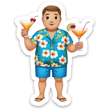 chubby guy full figure in a flowered azure havai shirt, brown shorts and flippers holding a cocktail sticker