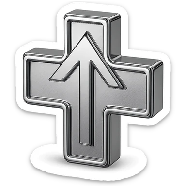 abstract chrome cross with an upward arrow and radiant effects, representing health improvement sticker
