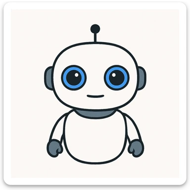 friendly looking robot assistant staring intently, minimalist style, white background sticker