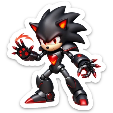 Robotic Shadow the Hedgehog with black metallic body, red glowing eyes, red energy streaks, and battle stance sticker