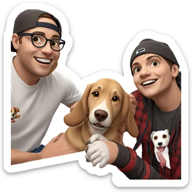 happy boys with dog and hat sticker