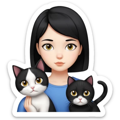A girl with short black hair parted in the middle, fair skin, is accompanied by a black and white cat. sticker