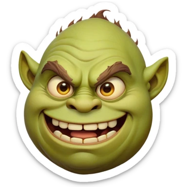 Cinematic Comical Ogre Portrait Emoji, with a strikingly exaggerated, bulky figure in vivid earthy greens and browns, head tilted in a dramatically surprised expression with wide, comically bulging eyes and a goofy, oversized grin, simplified yet hilariously exaggerated, highly detailed with a soft, cartoonish glowing outline capturing the playful absurdity of a meme-worthy ogre! sticker