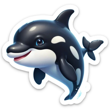 Cinematic Cute orca Portrait Emoji, Head tilted playfully and inquisitively, featuring a smoothly rounded body with bright, sparkling eyes and an adorable, friendly smile, Simplified yet irresistibly adorable features, highly detailed, glowing with a warm, ocean-blue glow, high shine, affectionate and lively, stylized with a touch of whimsical aquatic charm, soft glowing outline, capturing the essence of a mischievous yet endearing orca that seems as if it could leap right into your heart! sticker