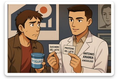 fai un webtoon manga a colori con questo stile, in cui un uomo ASCOLTA Il kinesiologo con il camice bianco (fagli anche la scritta "ANTONIO ANANIA" SUL CAMICE, IL KINESIOLOGO SPIEGA ALL'UOMO UNA COSA TENENDO DUE FOGLIETTINI IN MANO, UNO CON LA SCRITTA "ZUCCHERO DEL LATTE" E UNA CON LA SCRITTA "PROTEINE DEL LATTE". L'UOMO OSSERVA LO YOGURT CHE HA IN MANO CON ESPRESSIONE DUBBIOSA IN VOLTO. non fare i fumetti però, fai solo in modo che sembri stiano parlando sticker