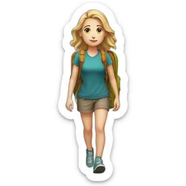 a white girl with a backpack on, she is walking and backwards sticker