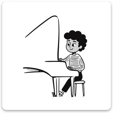 a kid with curly hair and brown eyes playing piano, hand drawn doodle style sticker