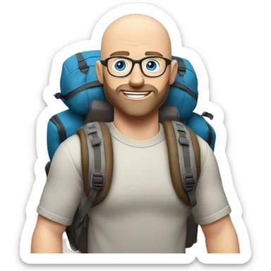 Bald man with stubble beard glasses pale skin buff muscles blue eyes with a large backpacking backpack on with hiking poles sticker