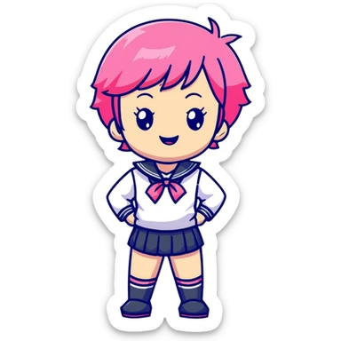 Anime girl with short bright pink hair wearing Japanese sailor style school uniform, confident pose with hand on hip and bright cheerful grin, excited and happy sticker