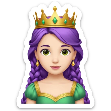 Princesses, with Gold Crown on purple braid hair, with green dress sticker