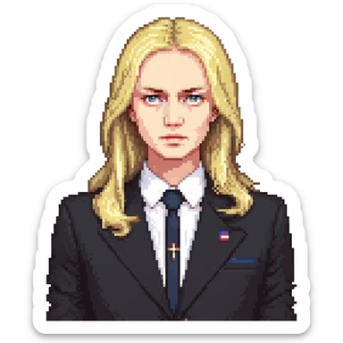 Russian politician with serious face, blonde hair, in dark suit sticker